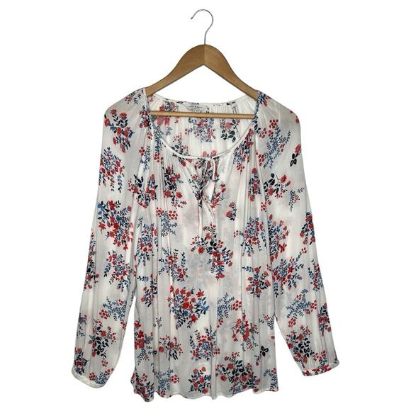Lucky Brand Tops - Lucky Brand Top Womens XL Floral Long Sleeve Popover Tie Neck Boho Peasant White